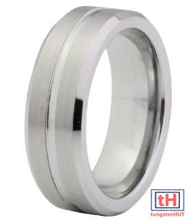 Brushed Tungsten Carbide Ring with Groove and Beveled Edge
